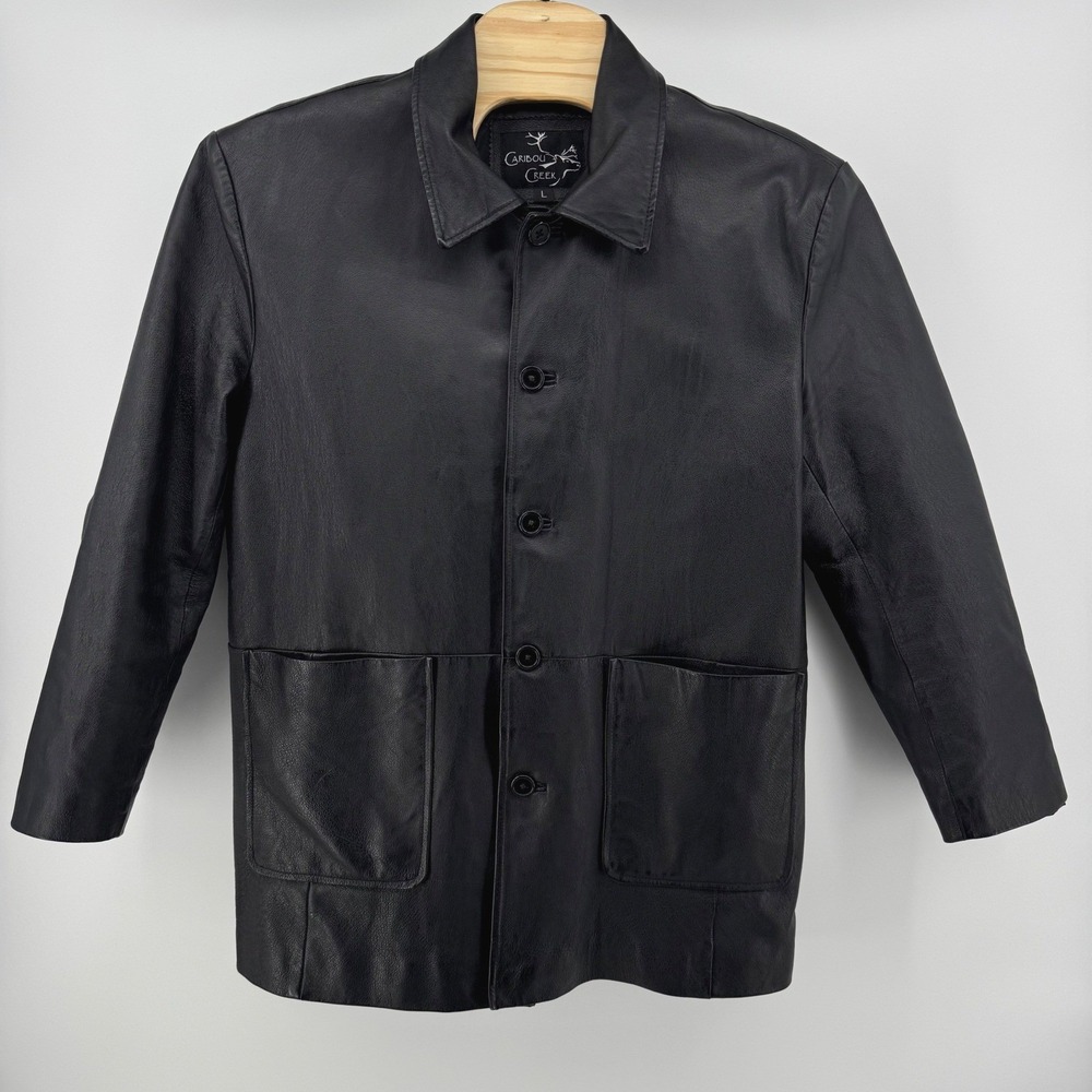 Vintage Caribou Creek Mens Sz Large Black Genuine Leather Car Coat Jacket Lined - Picture 2 of 8